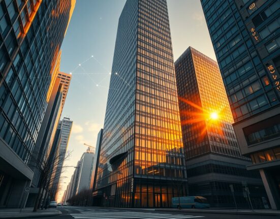 Tokyo financial district with digital yen stablecoin symbols representing EJPY blockchain payments