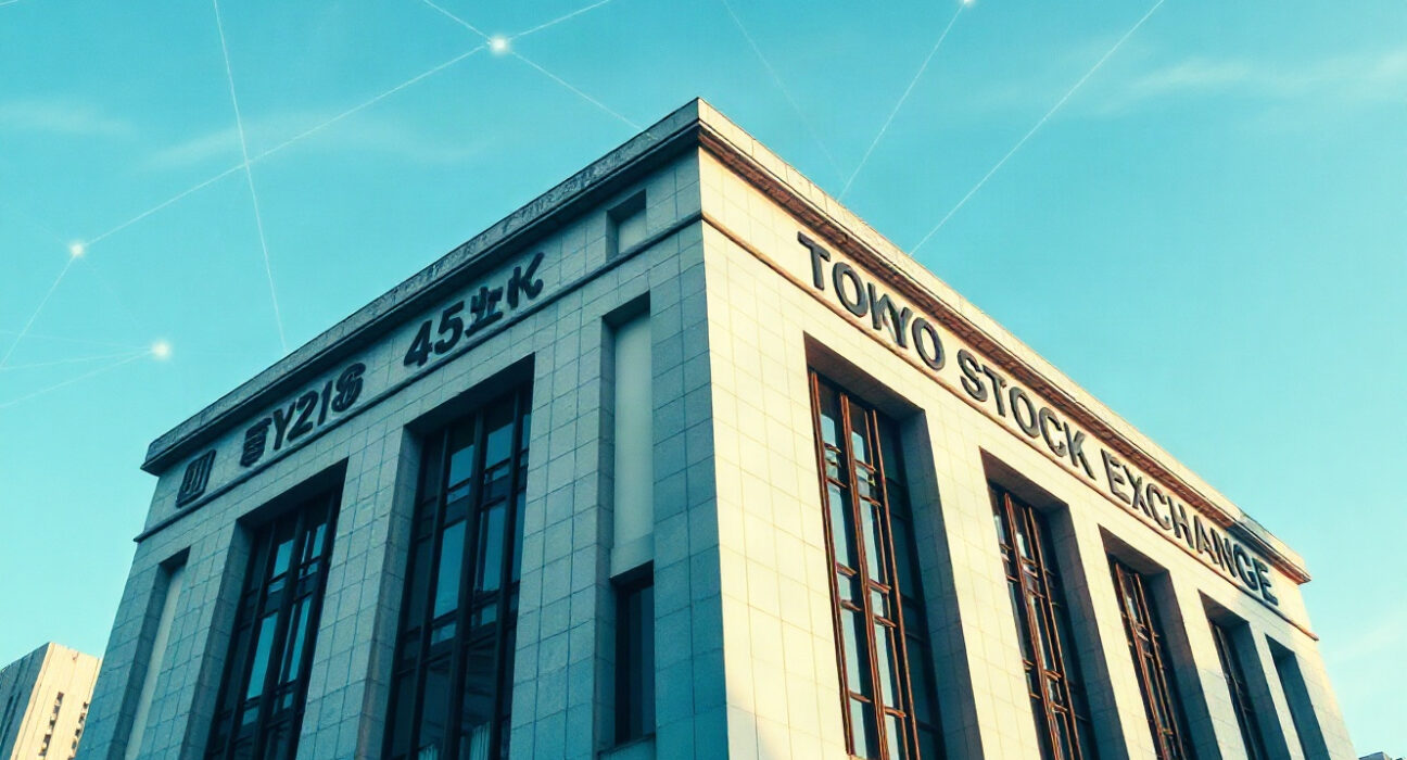 Tokyo Stock Exchange building with digital network overlay representing blockchain settlement