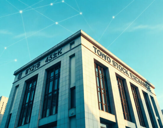 Tokyo Stock Exchange building with digital network overlay representing blockchain settlement