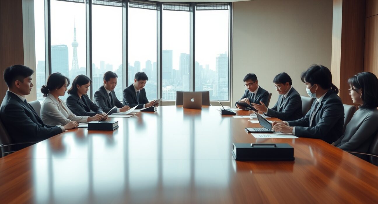 Japanese business professionals in a meeting room discussing blockchain tax policy