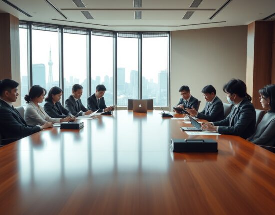 Japanese business professionals in a meeting room discussing blockchain tax policy