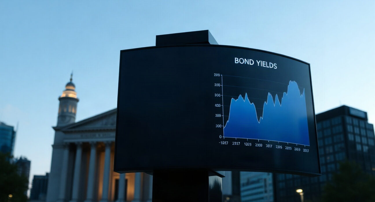 Financial district with a digital screen showing bond yield graph at dusk