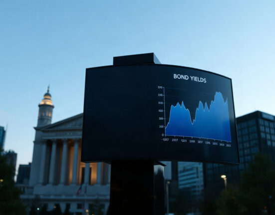 Financial district with a digital screen showing bond yield graph at dusk