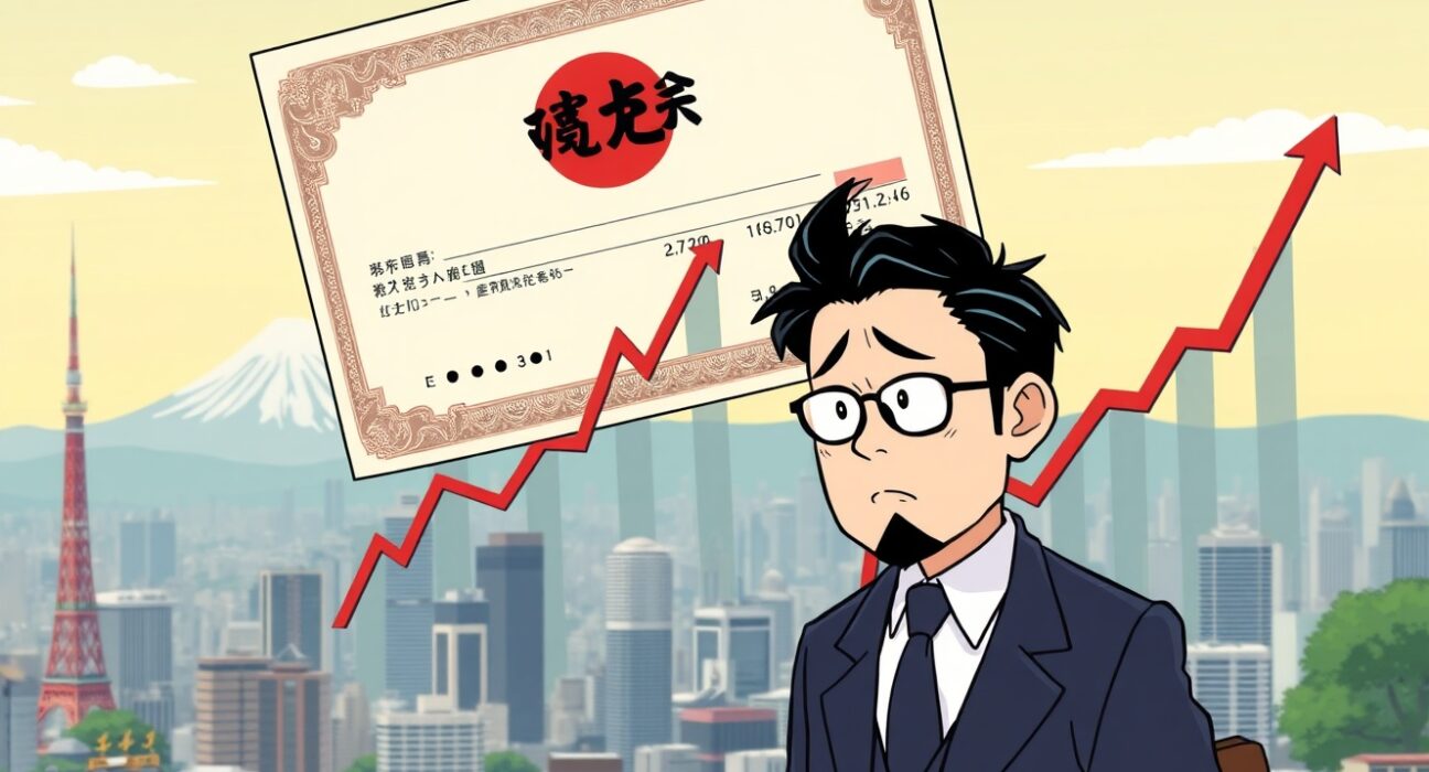 Japan bond yield surge illustrated with climbing charts and concerned financial officials