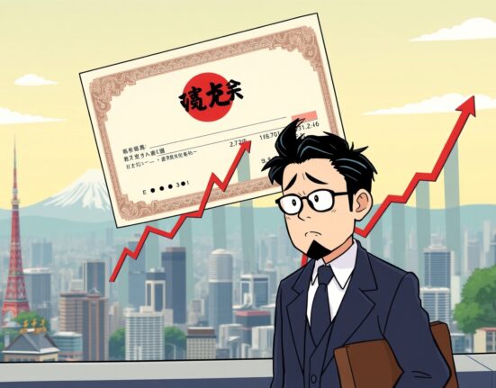 Japan bond yield surge illustrated with climbing charts and concerned financial officials