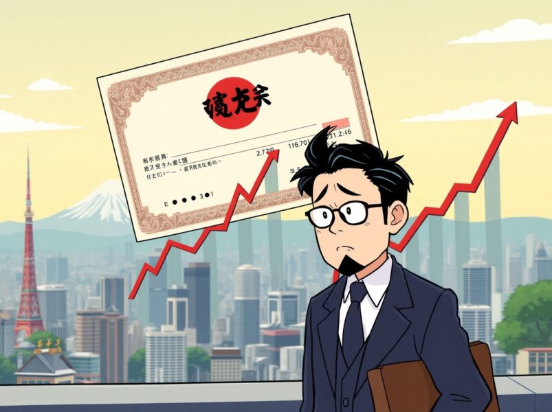 Japan bond yield surge illustrated with climbing charts and concerned financial officials