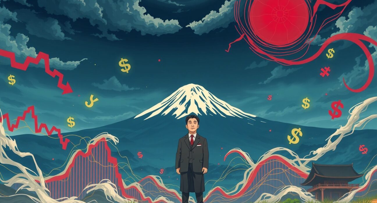 Japan finance minister addressing bond yield crisis and market stability concerns with global implications.