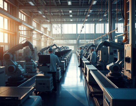 Workers on a factory floor in Japan monitor production lines as capacity utilization data shows a modest recovery in May 2024.
