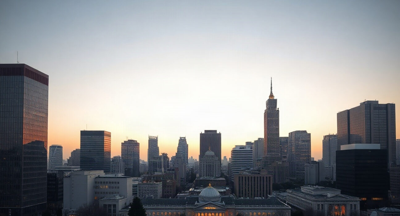 Tokyo financial district skyline at dusk, representing Japan's capital spending and business investment.