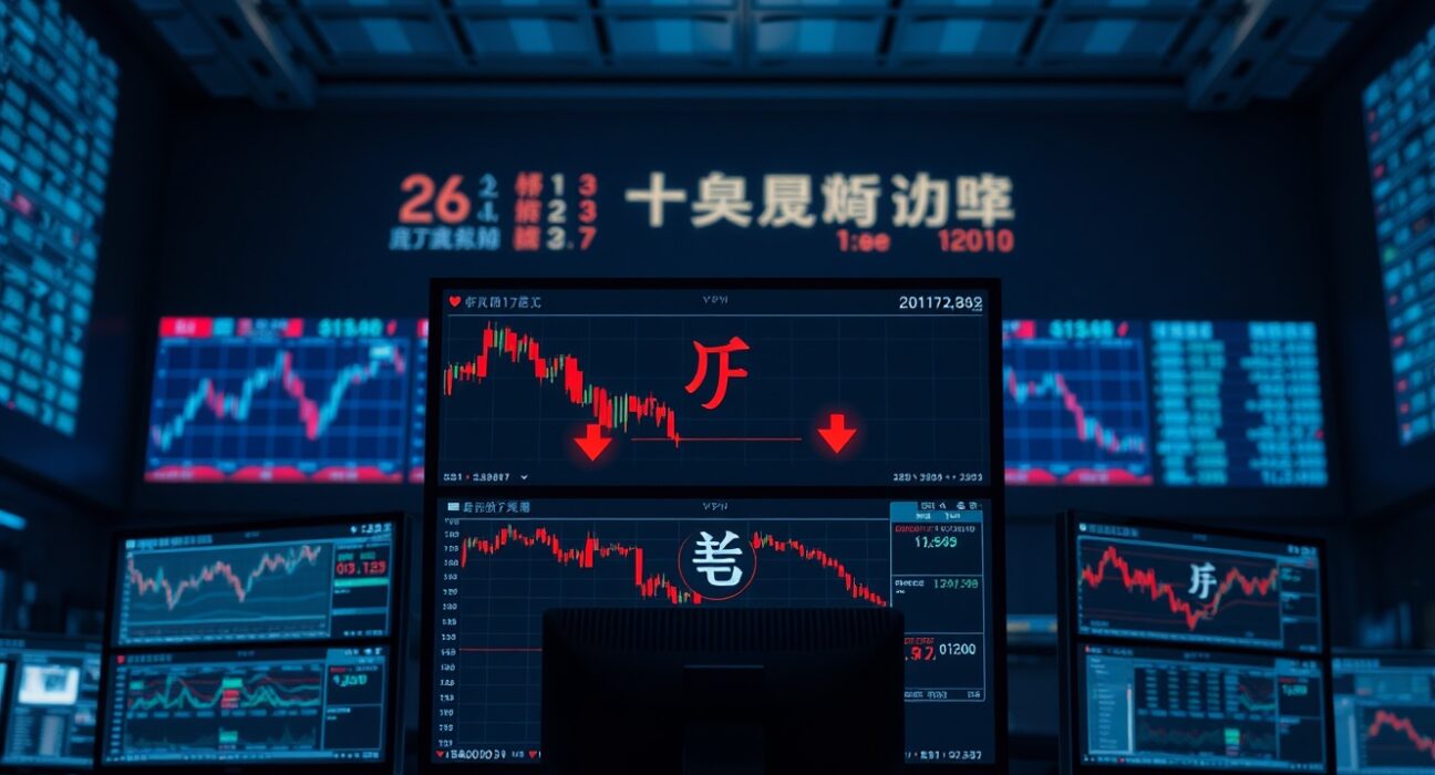 Trading desk monitors showing yen currency charts with bearish indicators and red downward arrows.