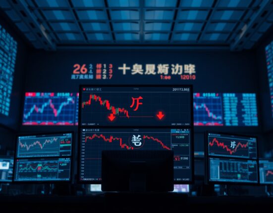 Trading desk monitors showing yen currency charts with bearish indicators and red downward arrows.