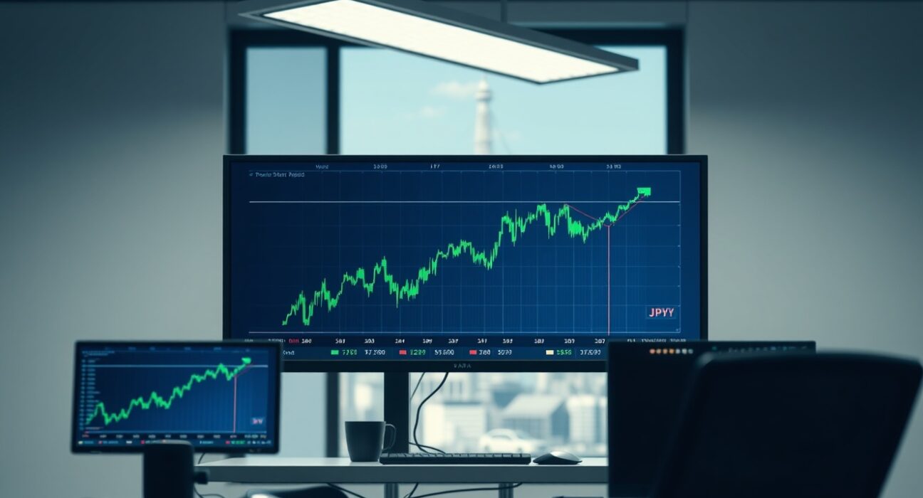 Trading desk monitors display JPY financial charts and improving speculative positioning data