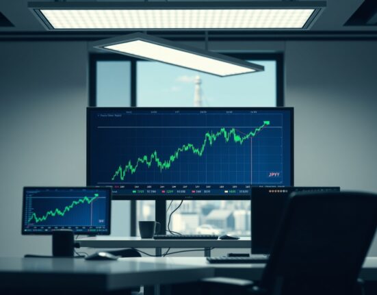 Trading desk monitors display JPY financial charts and improving speculative positioning data