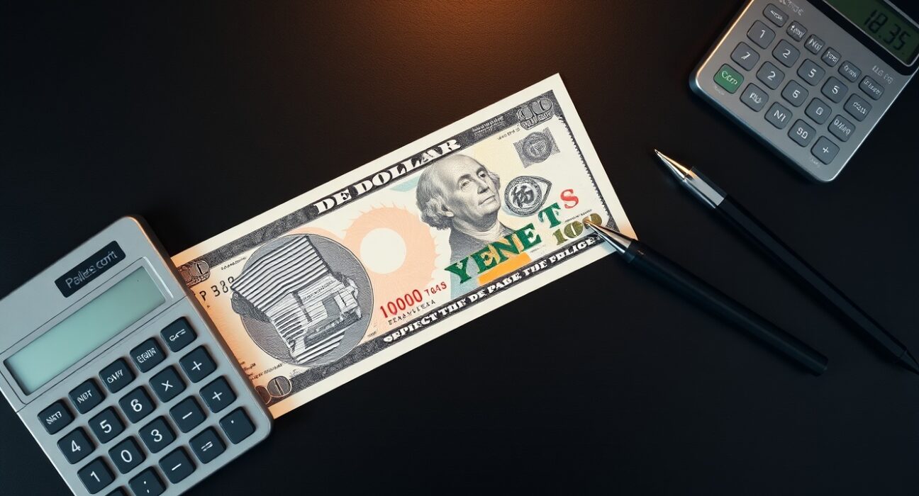 Japanese yen and US dollar banknotes on a desk with calculator, representing forex market analysis