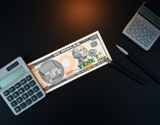 Japanese yen and US dollar banknotes on a desk with calculator, representing forex market analysis