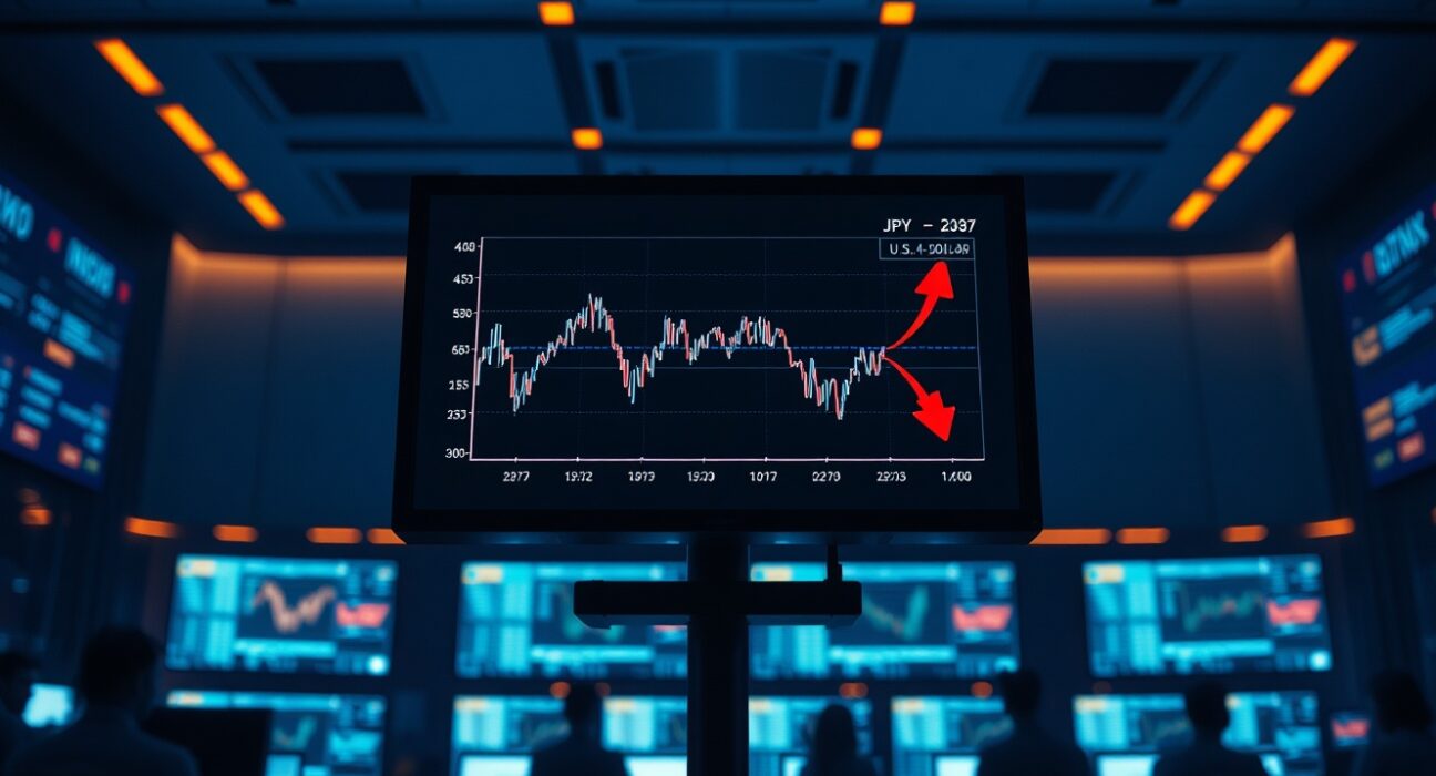 Financial trading screen showing a Japanese yen forex chart with bearish trend indicators
