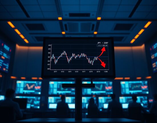 Financial trading screen showing a Japanese yen forex chart with bearish trend indicators
