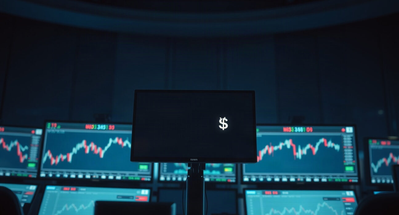 Trading desk monitors showing yen and dollar charts, reflecting CFTC positioning data.
