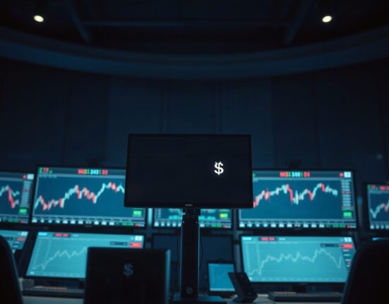 Trading desk monitors showing yen and dollar charts, reflecting CFTC positioning data.