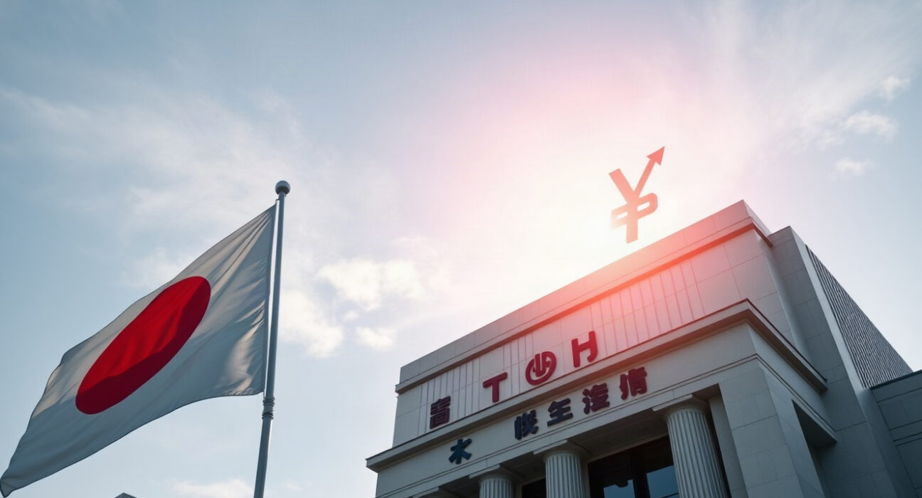 Tokyo Stock Exchange building with Japanese flag and yen symbol overlay, representing coordinated currency intervention