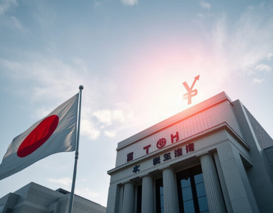 Tokyo Stock Exchange building with Japanese flag and yen symbol overlay, representing coordinated currency intervention