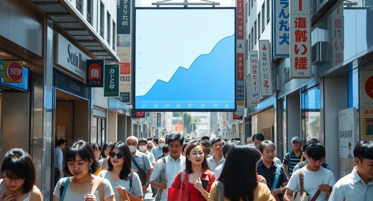 Shoppers on a busy Tokyo street with a billboard showing an upward consumer confidence trend
