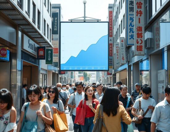 Shoppers on a busy Tokyo street with a billboard showing an upward consumer confidence trend