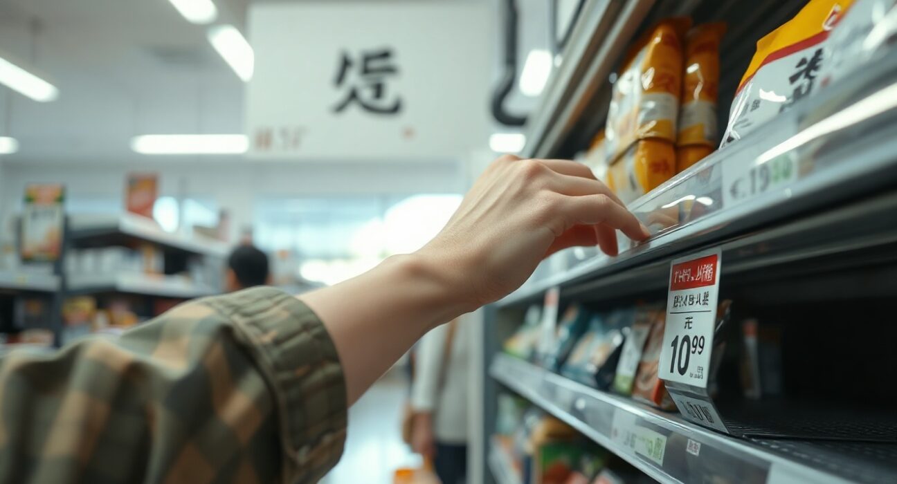 Shopper in a Tokyo supermarket looking at price tags on food items, representing rising consumer prices in Japan.