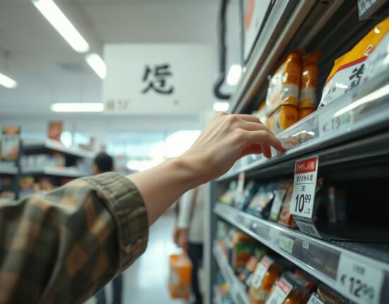 Shopper in a Tokyo supermarket looking at price tags on food items, representing rising consumer prices in Japan.