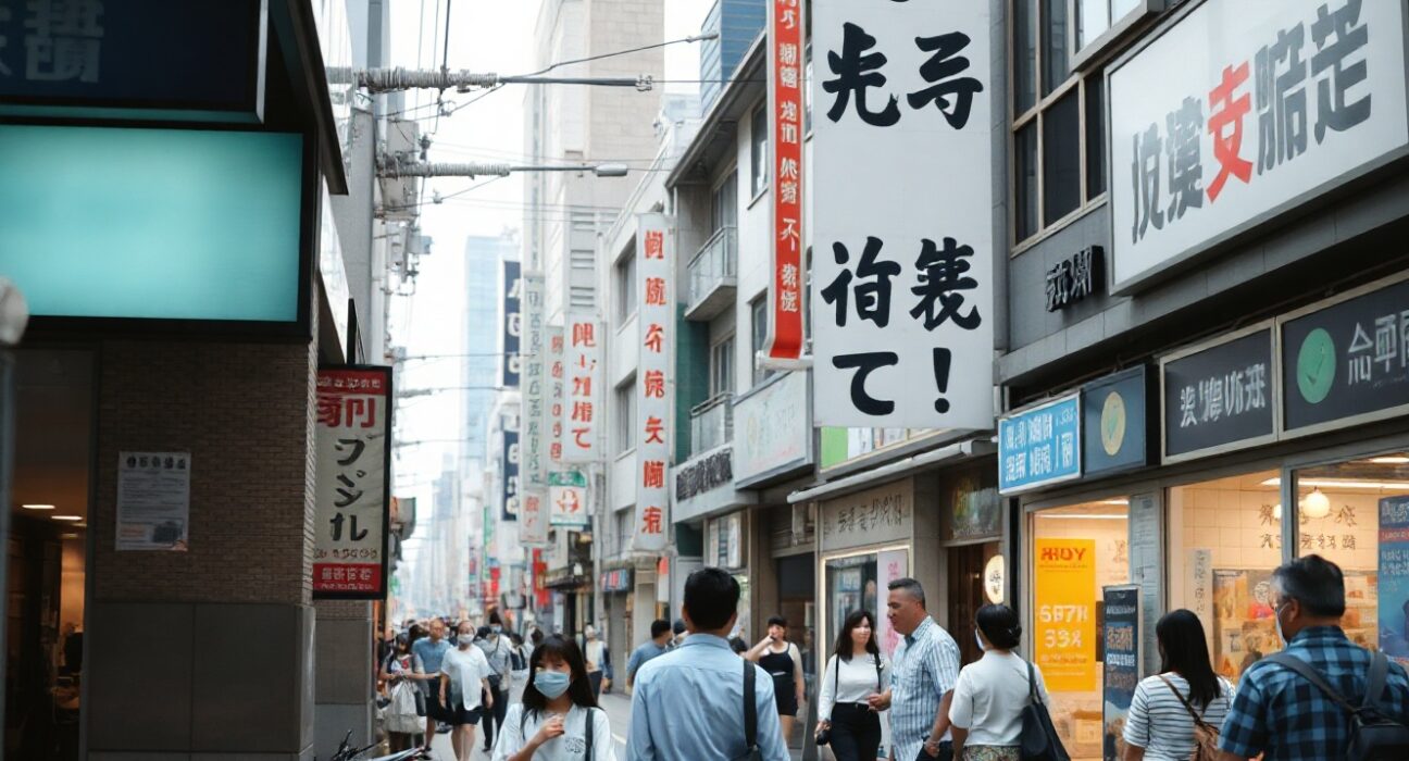 Busy Tokyo street with shop price tags, representing Japan's consumer inflation in May