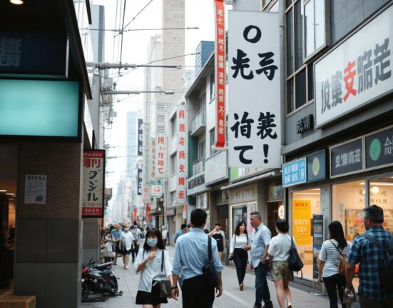 Busy Tokyo street with shop price tags, representing Japan's consumer inflation in May