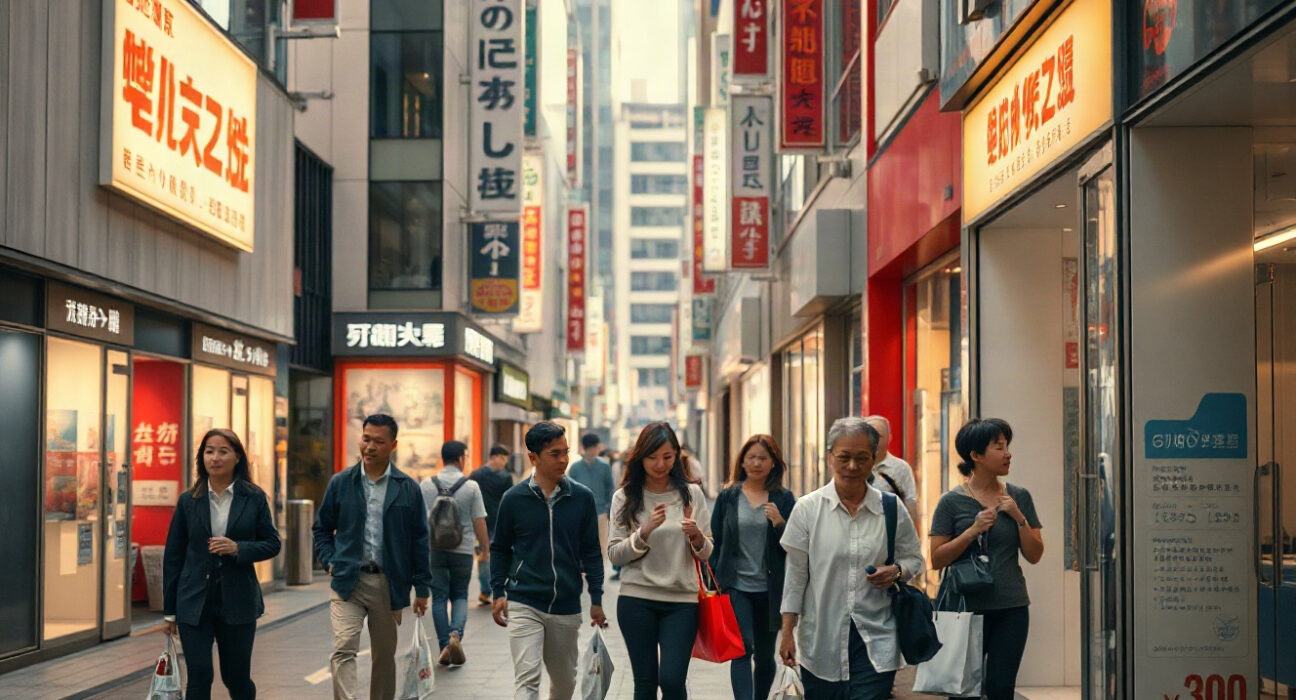 Shoppers walk through a Tokyo shopping district as Japan's core CPI holds steady at 1.8% in July.