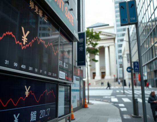 Japan inflation data chart on a screen in Tokyo, with the Bank of Japan building in the background.