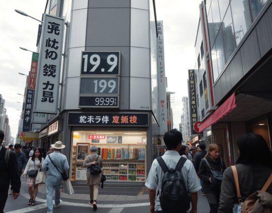 Busy Tokyo shopping street with price signs reflecting Japan's June inflation data
