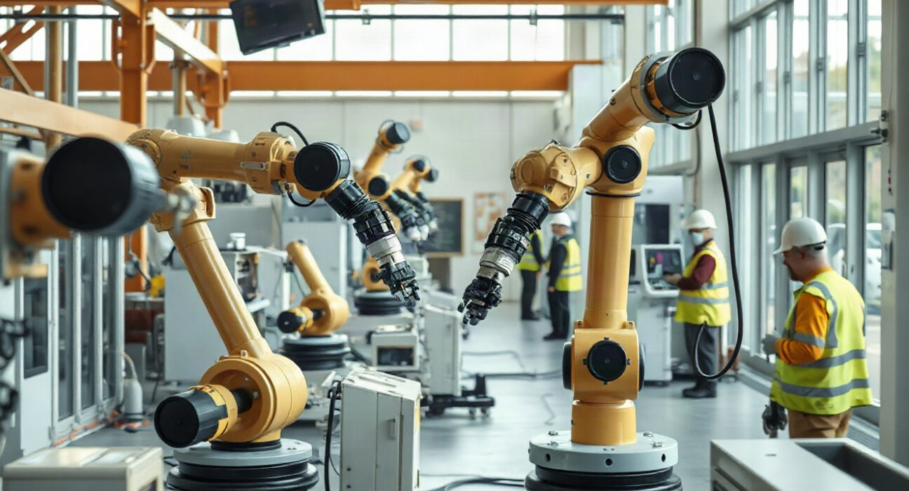 Robotic arms on a factory floor in Japan, representing the machinery sector