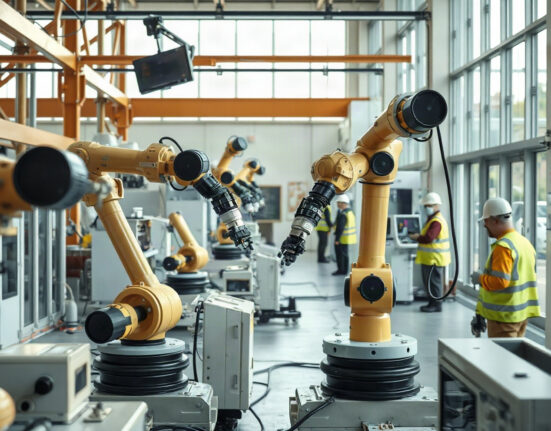Robotic arms on a factory floor in Japan, representing the machinery sector