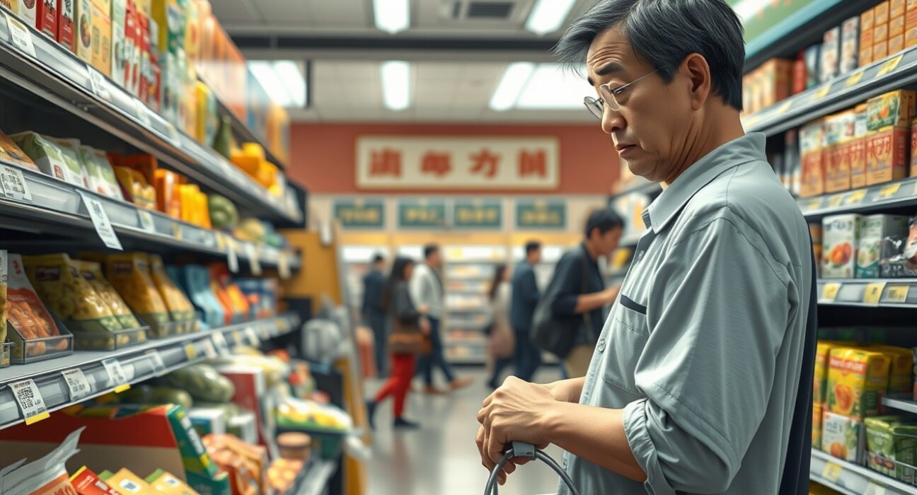 Japanese consumer examining prices in Tokyo supermarket amid inflation concerns