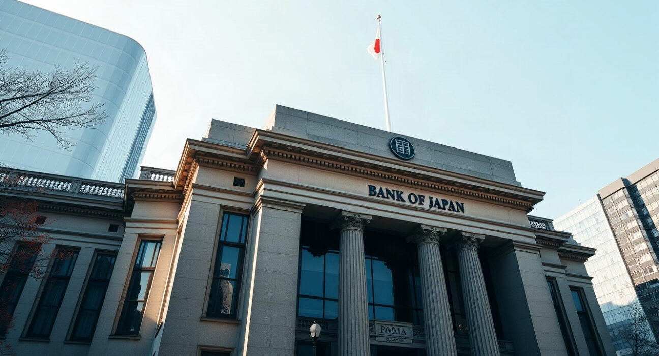 Bank of Japan headquarters in Tokyo, with the national flag flying above the entrance, on a clear morning.