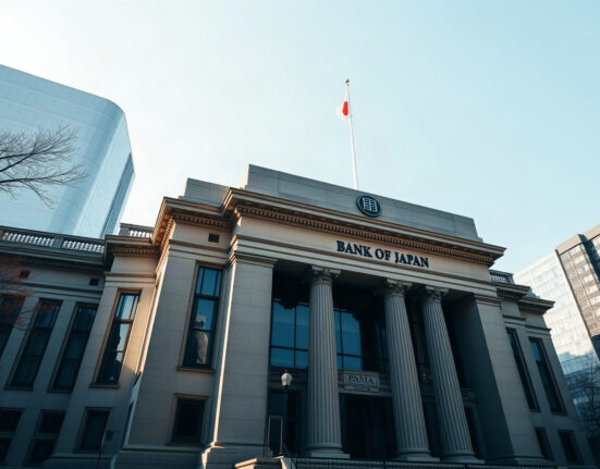 Bank of Japan headquarters in Tokyo, with the national flag flying above the entrance, on a clear morning.