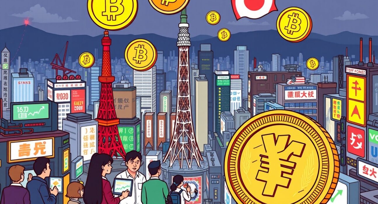 A cartoon showing the significant rise in Japan crypto adoption, with digital currency symbols over a vibrant Tokyo skyline.