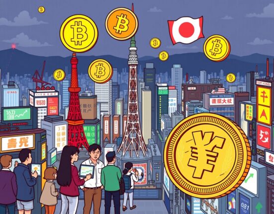 A cartoon showing the significant rise in Japan crypto adoption, with digital currency symbols over a vibrant Tokyo skyline.