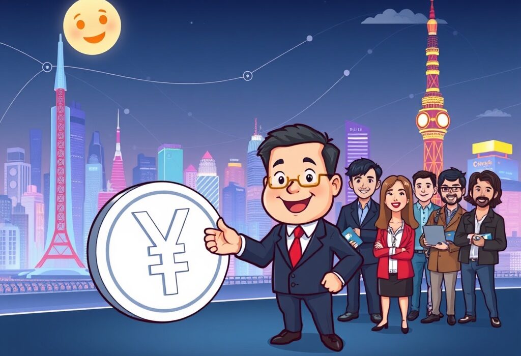 Cartoon depicting Japan's Finance Minister fostering a positive Japan crypto environment for investors and tech innovation.