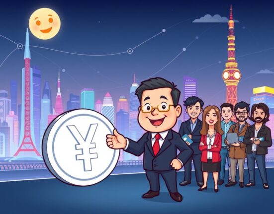Cartoon depicting Japan's Finance Minister fostering a positive Japan crypto environment for investors and tech innovation.