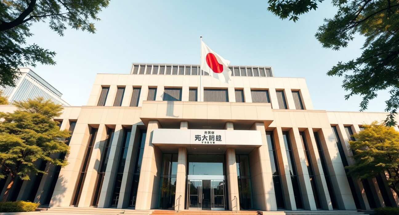 Exterior of the Japanese Ministry of Finance building in Tokyo under clear skies