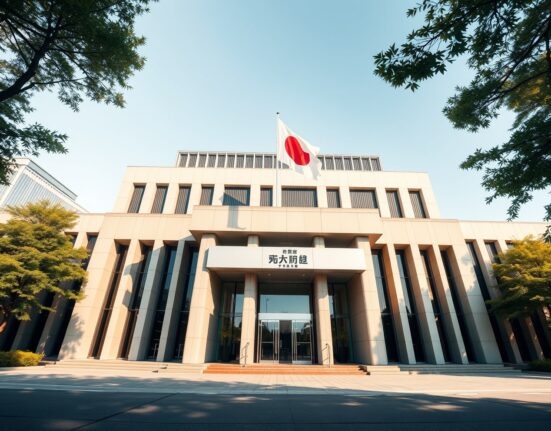 Exterior of the Japanese Ministry of Finance building in Tokyo under clear skies