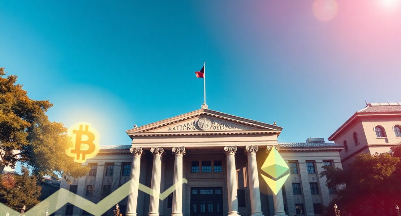 Japan's National Diet Building with digital cryptocurrency symbols in foreground representing new crypto regulation.