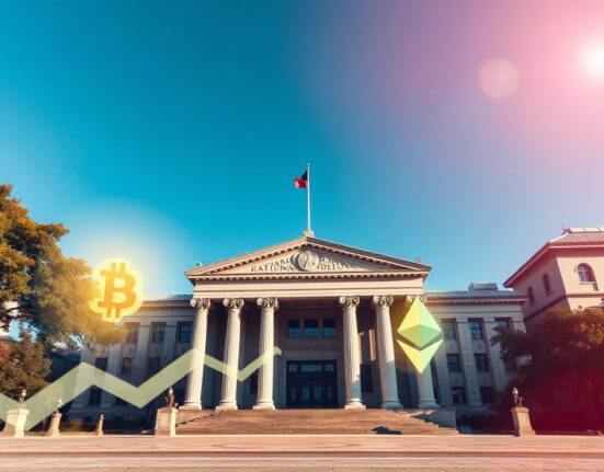 Japan's National Diet Building with digital cryptocurrency symbols in foreground representing new crypto regulation.