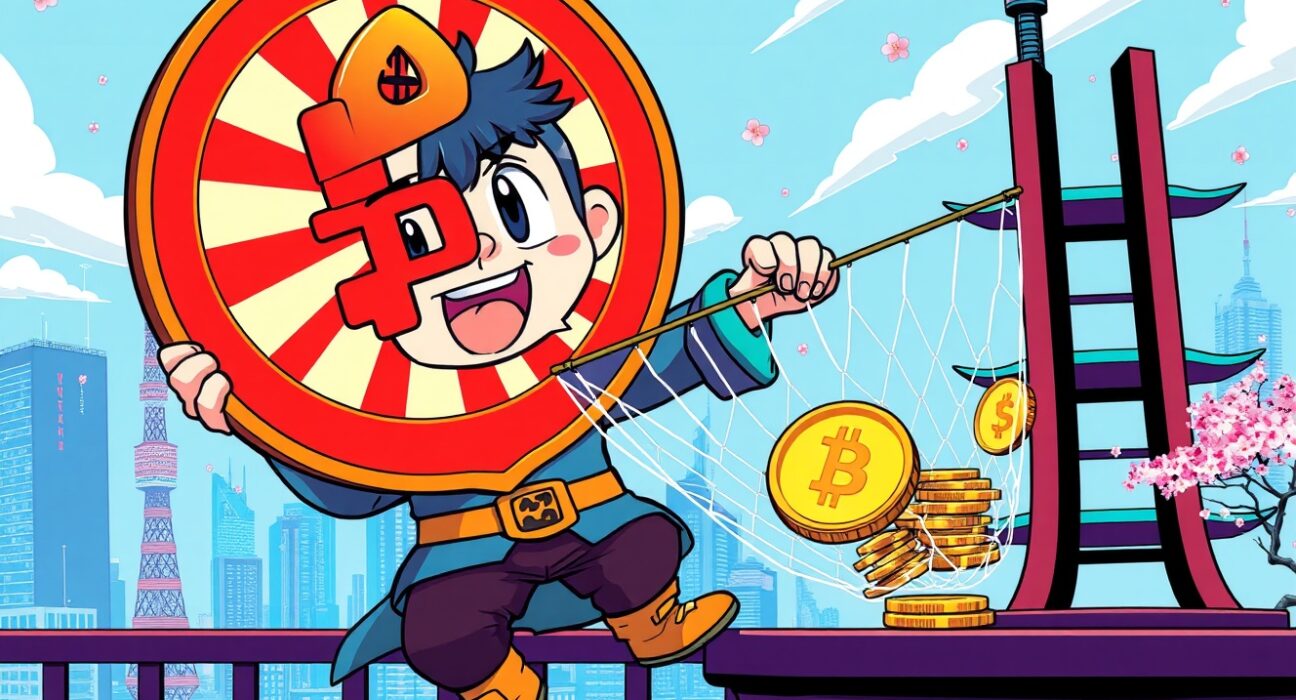 Japanese financial guardian securing crypto liability reserves with digital coins