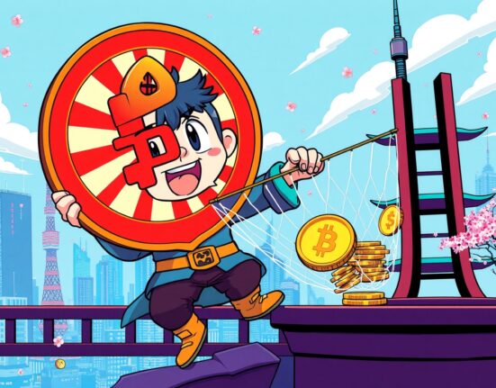 Japanese financial guardian securing crypto liability reserves with digital coins