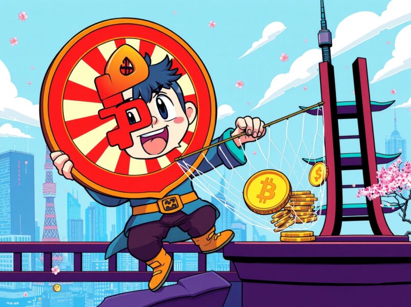 Japanese financial guardian securing crypto liability reserves with digital coins